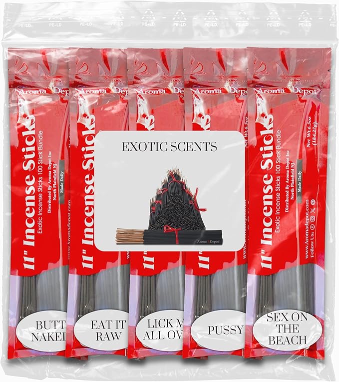 Exotics Scents 11'' Incense Sticks - Variety Set 500 Pack - 11 inch - 5 Bundles 100 Sticks Per Fragrance Scent. Set Features Butt Naked, Eat it Raw, Lick Me All Over, Pussy, Sex on The Beach AromaDepotInc