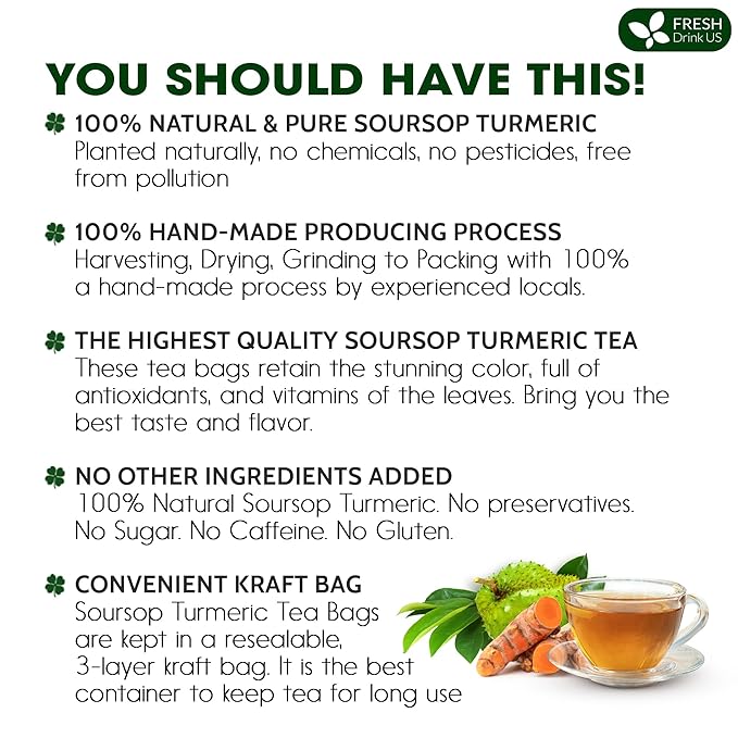 FreshDrinkUS, Premium 40 Soursop Turmeric Tea Bags, 100% Natural, Blend of Soursop Leaves, and Turmeric Root. Made with Natural Material Tea Bags. No Sugar, Vegan. - Bloomnest