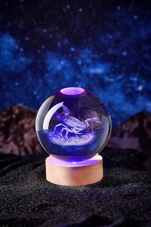 3D Large Scorpion Crystal Ball Night Light with Wooden Base, Crystal Lamp Gift for Kids Friends, 16 Color Change with Remote Control, Laser Engraved Glass Ball Lamp Halloween Decor (Scorpion) - Bloomnest