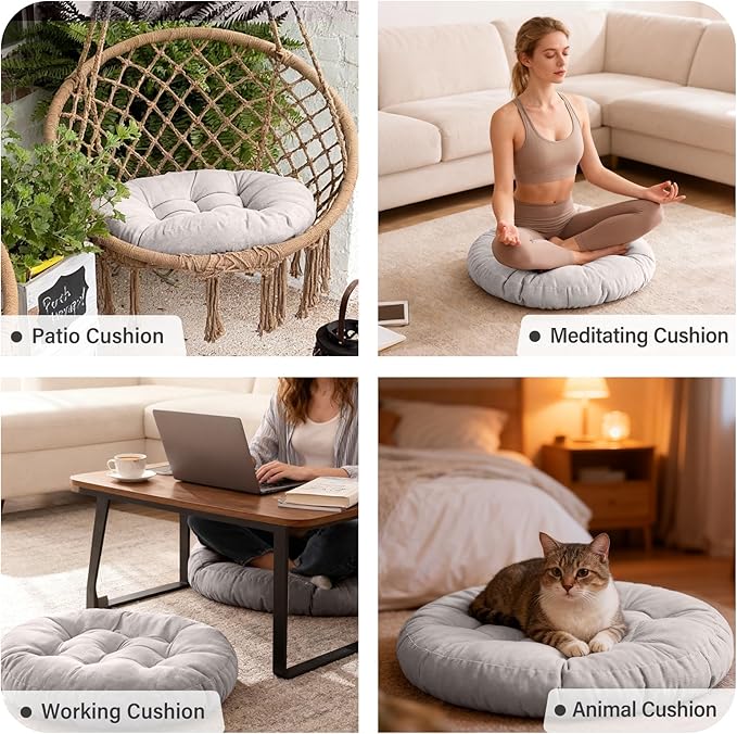 Tiita Floor Pillows Cushions Round Chair Cushion Outdoor Seat Pads for Sitting Meditation Yoga Living Room Sofa Balcony 22x22 Inch, Grey