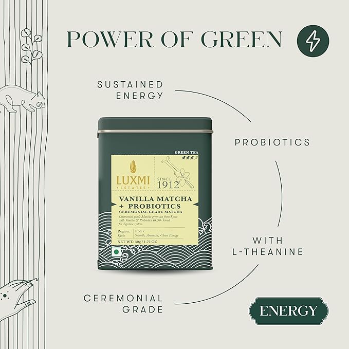 Luxmi Estates Vanilla Matcha with Priobiotics (50 g) Organic Matcha Tea, Rich in Antioxidants, Tea for Relaxing - Bloomnest