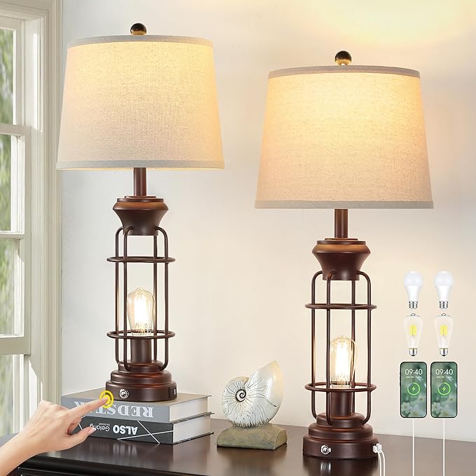 Table Lamps for Living Room Set of 2, 28" Tall Farmhouse Table Lamp with Oil Rubbed Bronze Finish, Bedroom Lamps for Nightstand with White Oatmeal Lampshade, 4 Bulbs Included - Bloomnest