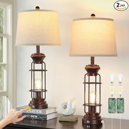 Table Lamps for Living Room Set of 2, 28" Tall Farmhouse Table Lamp with Oil Rubbed Bronze Finish, Bedroom Lamps for Nightstand with White Oatmeal Lampshade, 4 Bulbs Included - Bloomnest