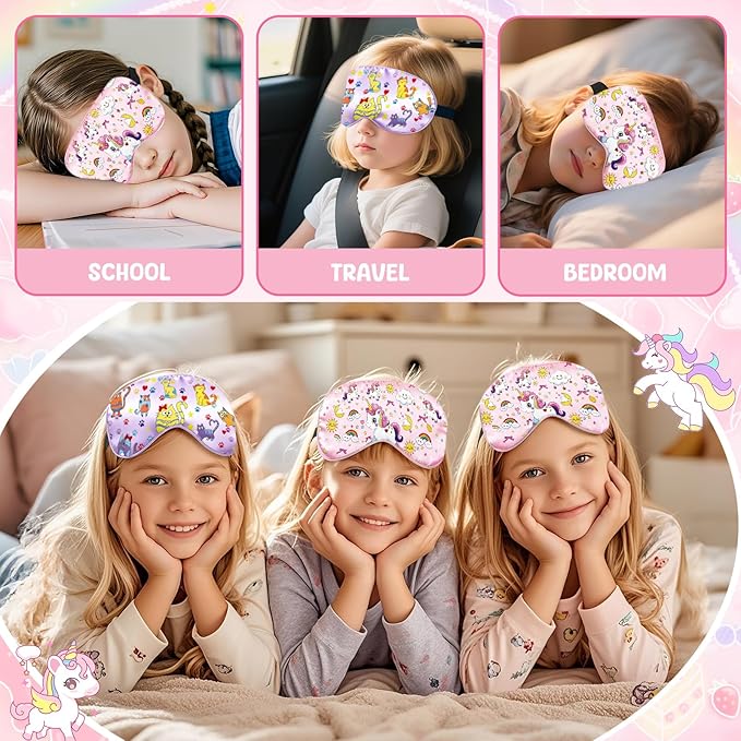2 Pcs Sleep Mask for Kids Girls, Silk Eye Covers for Sleeping, Adjustable Strap & Light Blocking Design, Children's Bedtime Blindfold for Travel and Home Use (Rainbow Unicorn) - Bloomnest