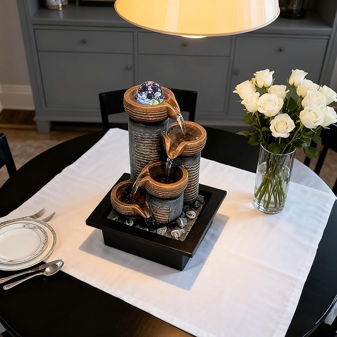 Soothing 4-Tier Tabletop Fountain with led Crystal Ball - Indoor Waterfall Fountain for Desk, Perfect Zen Decor for Office, Home, or Gift, Featuring Quiet Pump and Compact Design GIDITA