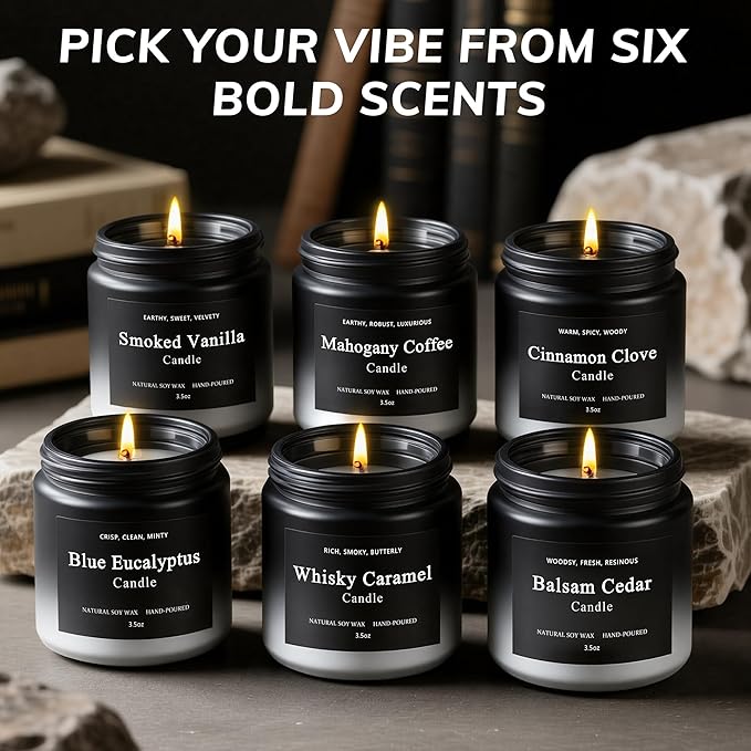 6 Pack Men Candles for Home Scented, Soy Wax 200 Hour Long Lasting Candle, Soy Candle Gifts Set for Birthday, Valentine, Christmas, Anniversary Present - Bloomnest