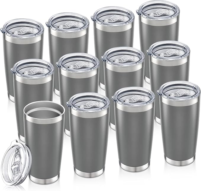 20 oz Tumbler Bulk with Lid Stainless Steel Insulated Tumblers Double Wall Vacuum Coffee Mug Powder Coated Tumbler Cups for Cold and Hot Drinks, Grey, 12 pack