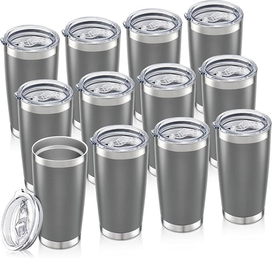 20 oz Tumbler Bulk with Lid Stainless Steel Insulated Tumblers Double Wall Vacuum Coffee Mug Powder Coated Tumbler Cups for Cold and Hot Drinks, Grey, 12 pack