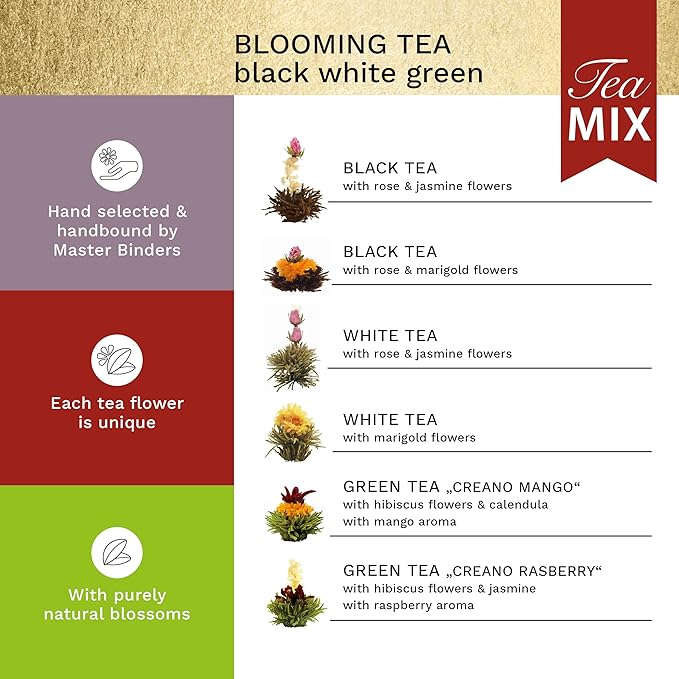 Creano Tea Flowers Mix Golden Gift Set Blooming Tea with Glass Teapot White, Green & Black Tea in 6 Varieties Tea Flower Blooming Tea Gift for Women - Bloomnest