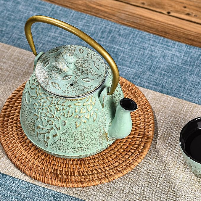Sungmor Cast Iron Japanese Tetsubin Tea Kettle with Infuser - Stovetop Safe, Enameled Interior - 32 Ounce Light Green Teapot with Salix Leaf Pattern - Bloomnest