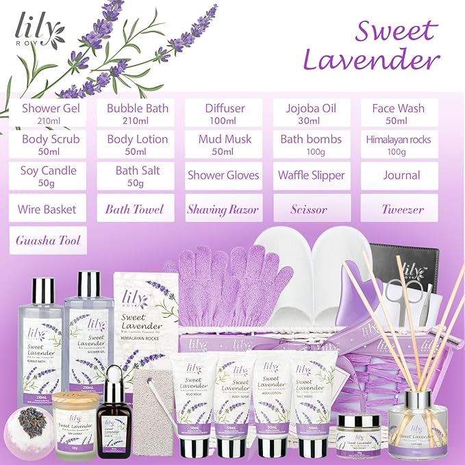 Valentines Day Gifts Spa Gift Set for Women - 22 Piece Lavender Luxury Bath & Body Basket with Bath Bomb | Spa Bath Gift Set for Birthday Gifts, Mothers Day Gift, Christmas Gift for Women