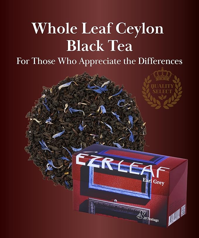 ERZ Leaf Earl Grey Ceylon Black Tea Premium Whole Leaf with Bergamot & Cornflower Blend, 20 Pyramid Tea Bags 2.1 Once, Gift Box Ready, Elegant Aroma, Smooth Flavor - Bloomnest