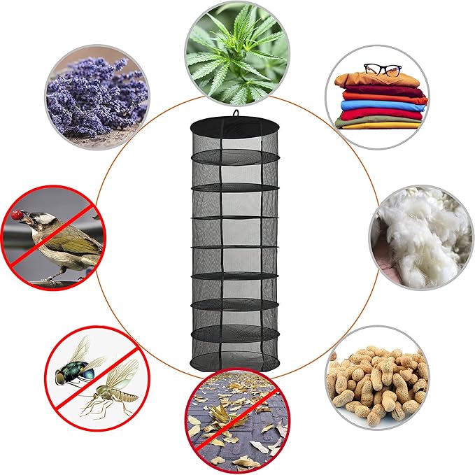 Desy & Feeci Herb Drying Rack Hanging, 8 Layer Collapsible Mesh Dry Net Herb Dryer with S Hang Buckle and Storage Bag, Black (Diameter 60 cm) - Bloomnest