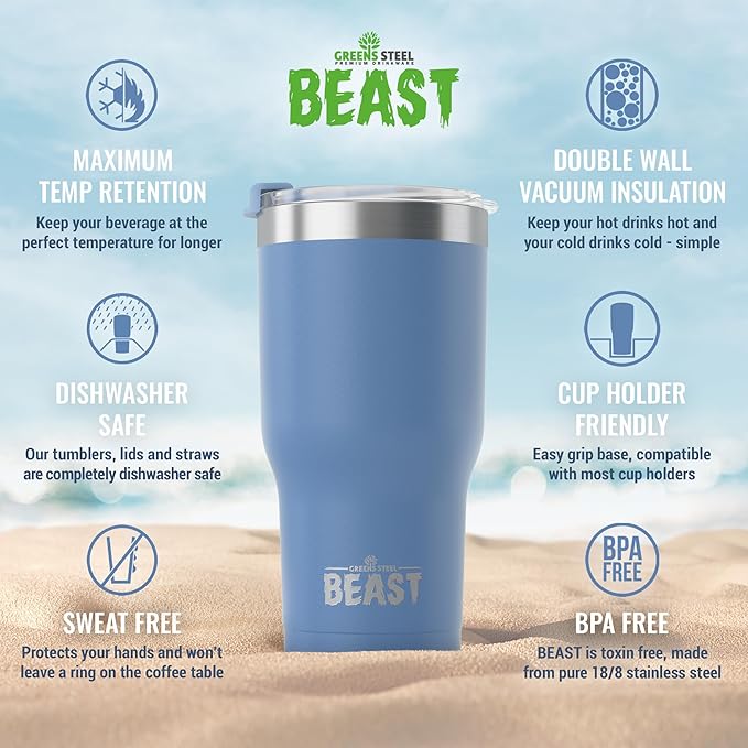 Beast 30 oz Tumbler Stainless Steel Vacuum Insulated Coffee Ice Cup Double Wall Travel Flask (Stormy Sky Blue) - Bloomnest