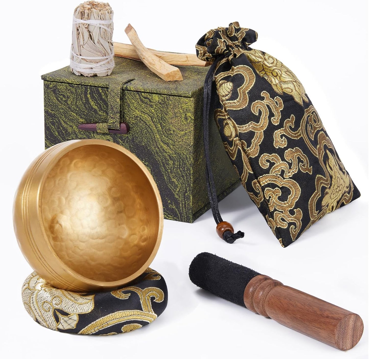 Tibetan Singing Bowl Set (3.15 Inch, copper) - Hand-Hammered, Perfect for Sound Bath, Yoga & Meditation Stress Relief, Comes with Gift Box, Free Palo Santo Wood + California White Sage