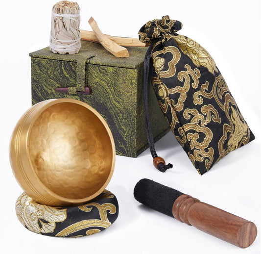 Tibetan Singing Bowl Set (3.15 Inch, copper) - Hand-Hammered, Perfect for Sound Bath, Yoga & Meditation Stress Relief, Comes with Gift Box, Free Palo Santo Wood + California White Sage