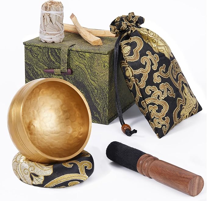 Tibetan Singing Bowl Set (3.15 Inch, copper) - Hand-Hammered, Perfect for Sound Bath, Yoga & Meditation Stress Relief, Comes with Gift Box, Free Palo Santo Wood + California White Sage - Bloomnest
