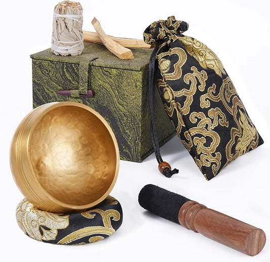 Tibetan Singing Bowl Set (3.15 Inch, copper) - Hand-Hammered, Perfect for Sound Bath, Yoga & Meditation Stress Relief, Comes with Gift Box, Free Palo Santo Wood + California White Sage - Bloomnest
