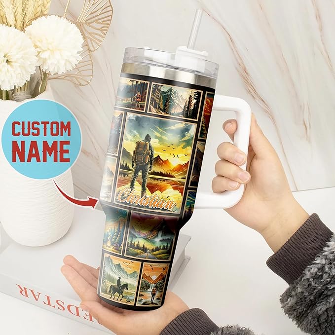 WAZONE Personalized Adventures Tumbler 40oz with Handle and Straw Custom Name And So The Adventure Vacuum Stainless Steel Insulated Coffee Mug Birthday Gifts For Traveling Lover Men Him Dad Papa - Bloomnest