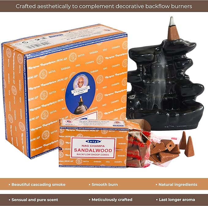 Sandalwood Backflow Incense Cones for Waterfall Aromatic Smoke Fountain Haze Falls and Mat Bundle - Pack of 12 TRUMIRI