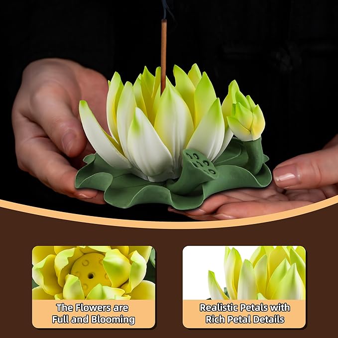 Lotus Incense Burner - Incense Burner Holder for Home Incense Holder Decor Incense Holder for Sticks Yoga, SPA(Z4-Green Yellow) - Bloomnest
