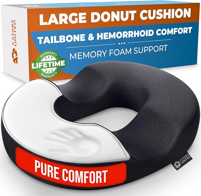 5 STARS UNITED Donut Pillow Hemorrhoid Tailbone Cushion – Large Cushion for Pain Relief – Coccyx, Prostate, Sciatica, Pelvic Floor, Pressure Sores, Pregnancy, Postpartum Recovery, Black - Bloomnest