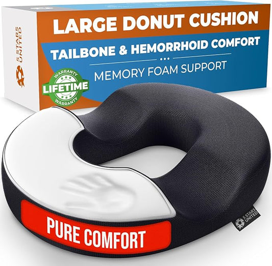 5 STARS UNITED Donut Pillow Hemorrhoid Tailbone Cushion – Large Cushion for Pain Relief – Coccyx, Prostate, Sciatica, Pelvic Floor, Pressure Sores, Pregnancy, Postpartum Recovery, Black - Bloomnest