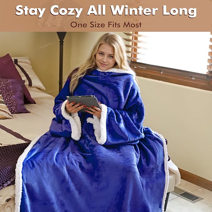 Tirrinia Sherpa Wearable Blanket With Sleeves, Full Body Throw Reading Wrap TV Blankets - Bloomnest