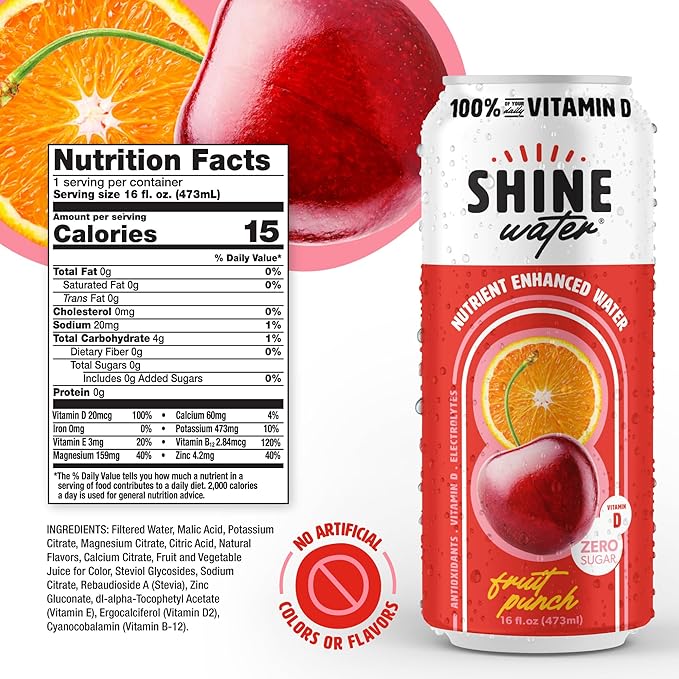 Shine Water Fruit Punch Vitamin D Electrolyte Drinks 12-Pack, Sugar Free Flavored Water with Magnesium, Zinc & Antioxidants, Low Calorie Hydration Beverage, Plant-Based Vitamin Water Zero Sugar - Bloomnest