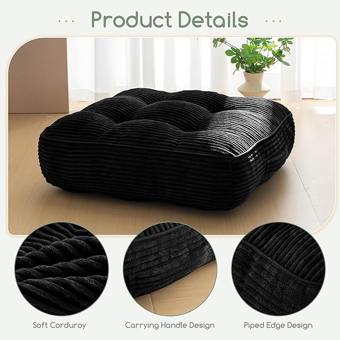 6" Washable Floor Pillow Cushion for Adults, Meditation Cushion Pillow, Large Square Floor Sitting, Removable Tufted Corduroy Cover, for Tatami Living Room or Yoga, 22x22 Inch, 2Pack, Machine Washable - Bloomnest
