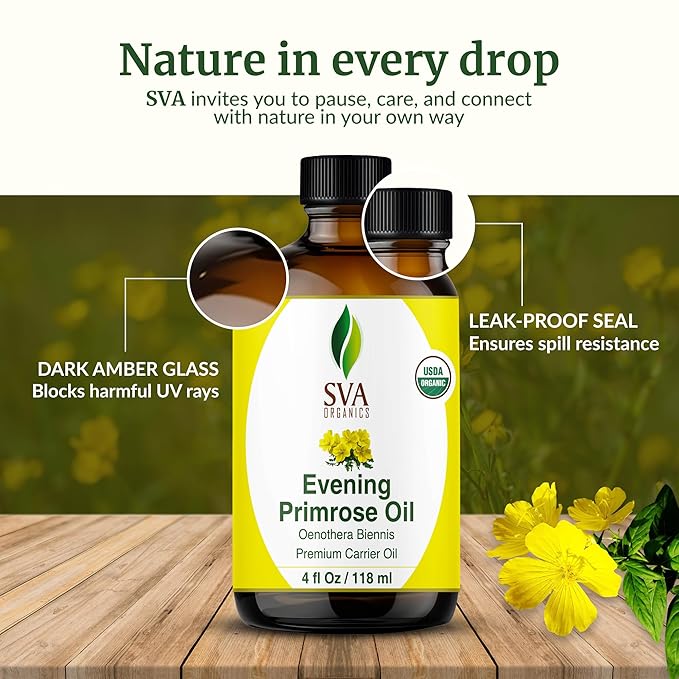 SVA Evening Primrose Oil Organic - 4 Fl Oz – 100% Natural Cold Pressed Organic Evening Primrose Oil - for Face, Skin Care, Hair Care, Scalp Massage & Body Massage – Carrier Oil with Dropper - Bloomnest