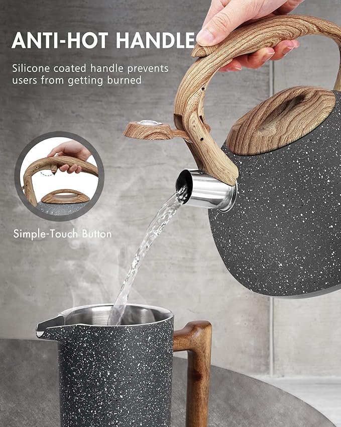 POLIVIAR Tea Kettle, 2.7 Quart Natural Stone Finish with Wood Pattern Handle Loud Whistle Food Grade Stainless Steel Teapot, Anti-Hot Handle and Anti-Rust, Suitable for All Heat Sources (JX2018-GR20) - Bloomnest
