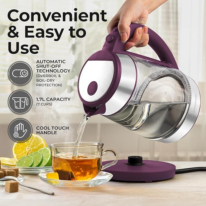 Zulay Kitchen Fast Boiling Electric Water Kettle - 1.7L, 1500W, Auto Shut-Off for Overboil & Boil Dry Protection, Cool-Touch Handle, 360° Base - Rapid Teapot Boiler For Coffee & Tea - Purple - Bloomnest