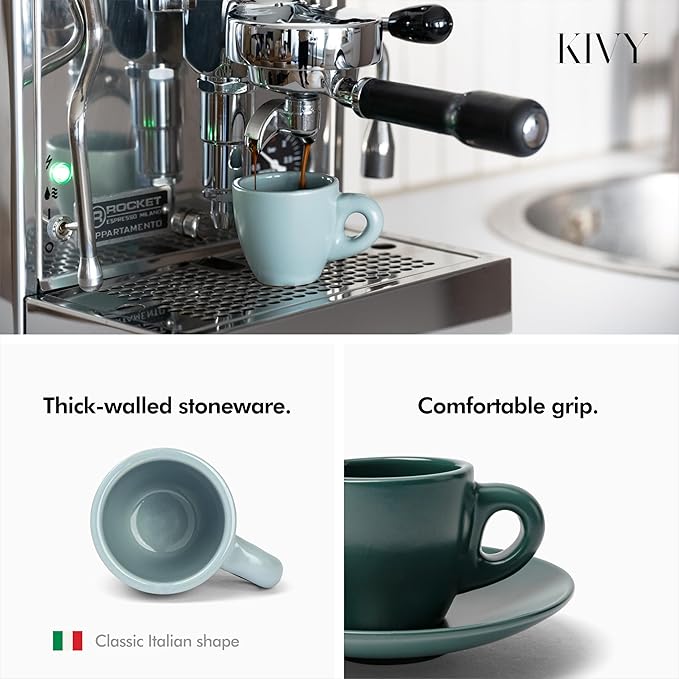 KIVY Espresso Cups Set of 4 [Set 4x 3oz]- Espresso Set Thick Walled Stoneware Espresso Cup Set - Italian Style Espresso Cups and Saucers - Coffee Mugs - Pastell Green, Blue - Bloomnest