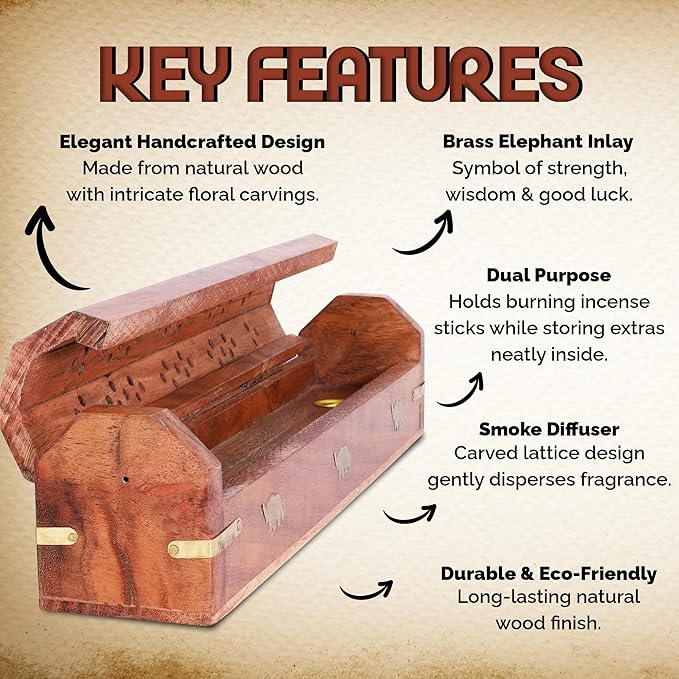 DEVLA Beautiful Handmade Wooden Brown Incense Stick Holder Burner Storage Coffin Box - Ash Catcher with Brass Inlay Good for Peace and Your Mental Health 12x2.5x2.5 inch - Bloomnest