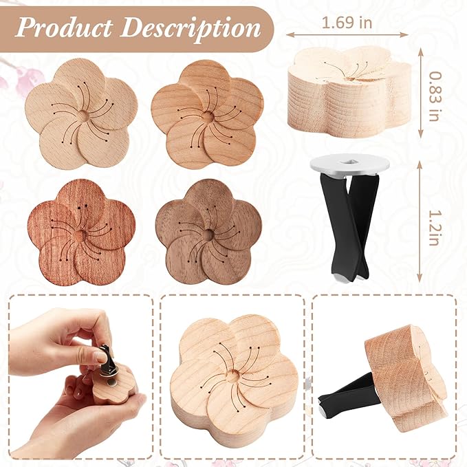 Zubebe Aroma Wood Essential Oil Diffuser 4 Packs Minimalistic Decor Car Air Freshener Flower Diffuser with Aromatherapy Clip for Car Office Bedroom - Bloomnest