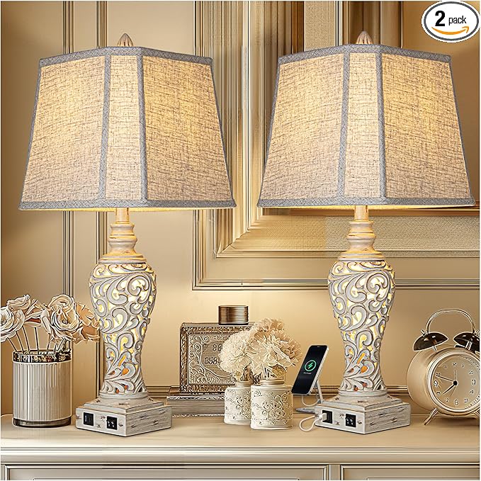28.5" Table Lamps Set of 2 - Bedside Lamp with Fabric Shades - for Bedroom and Living Room with USB and Nightlight - Perfect for Nightstands and Bedrooms - Bloomnest