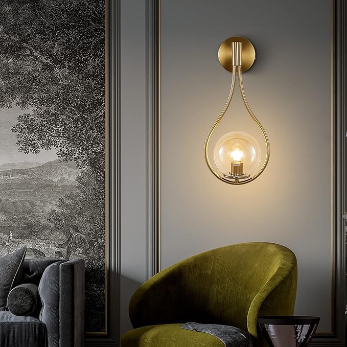 KCO Lighting Glass Globe Wall Mounted Sconce Gold Teardrop Wall Sconce Vintage Cordless Sconces Wall Lighting for Stairwell Bathroom Bedroom (Gold + Amber) - Bloomnest