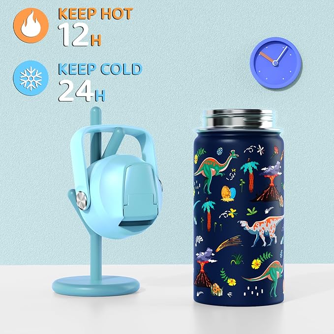 14oz Kids Insulated Water Bottle with Straw Lid - 18/8 Stainless Steel Kid Cup Travel Tumbler Double Wall Vacuum Leak Proof Portable Toddler Water Bottle (Game + Dinosaur) - Bloomnest
