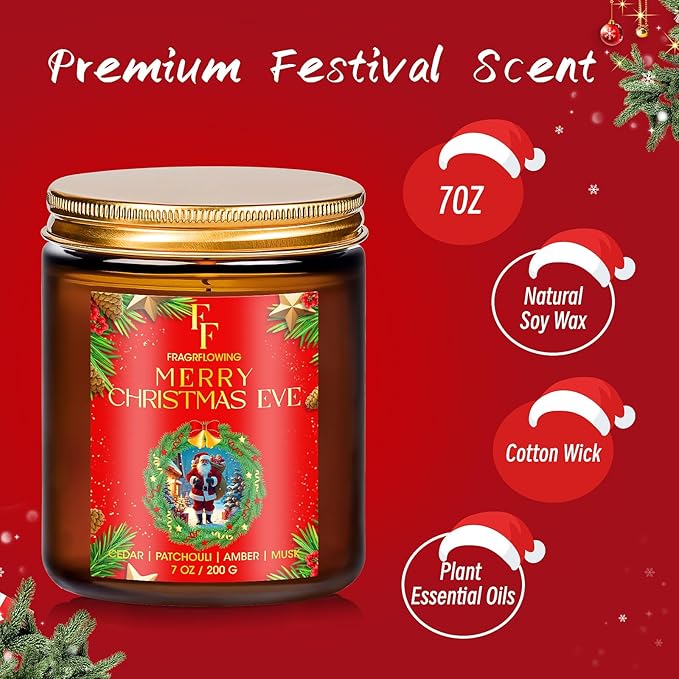 Christmas Candle, Merry Christmas Eve Scented Candles for Home, Holiday Candles Natural Soy Candle, Aromatherapy Candle 7 oz Jar Candles Christmas Gifts for Women Men - Bloomnest