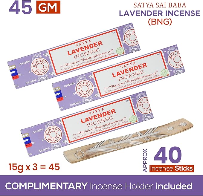 Satya Lavender Incense Sticks, Satya Bng (Bangalore) Insenses 15gmx3 Pack (45 GMS) with Raajsee Incense Holder Bundle, Satya Nagchampa Natural Incense - Bloomnest