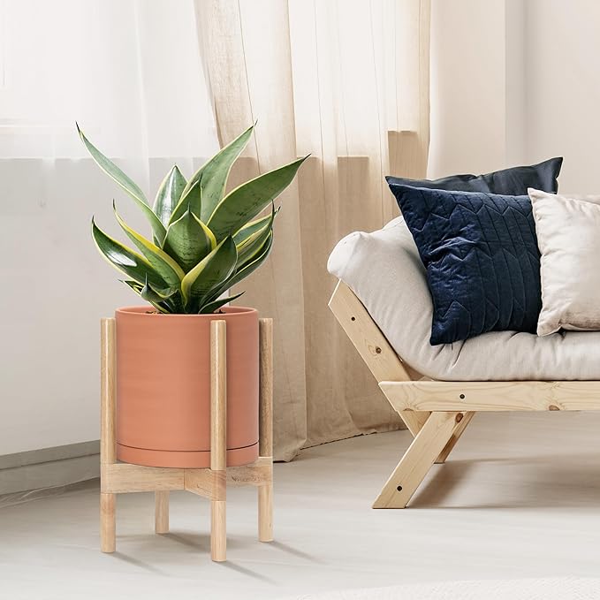 D'vine Dev Terracotta Planter with Natural Stand - 10 Inch Modern Round Flower Pot with Wood Planter Holder, Terracotta, 55-B-K-5 - Bloomnest