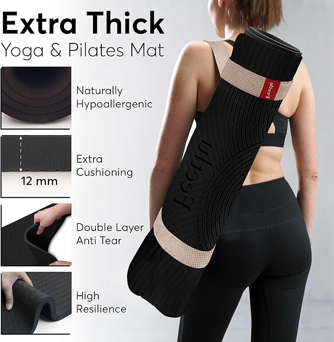 Extra Thick 12mm Exercise Mat – Non-Slip, Joint-Friendly & Cushioned Fitness Mat for Yoga, Pilates & Floor Workouts – Durable, Supportive & Includes Feetlu Classic Strap