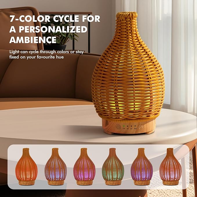 Boho Essential Oil Diffuser for Home -150ml Ultrasonic Fragrance Diffuser Humidifier Whisper Quiet Timer Setting 7 LED Colors Changing Lights for Home Office Decor & Gift (Handwoven) - Bloomnest
