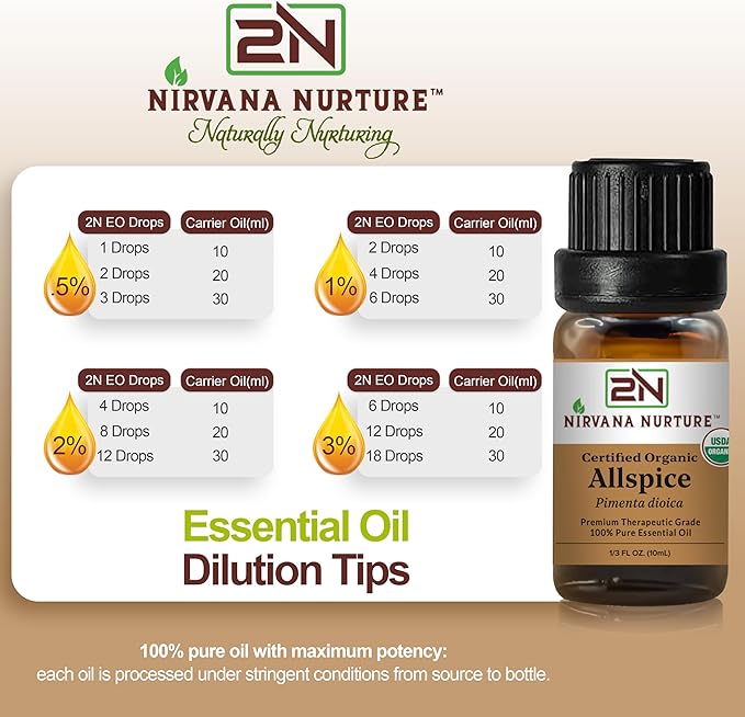 Allspice Essential Oil, USDA Certified Organic, 100% Pure Undiluted, Aromatherapy Oil for Diffuser, Hair & Skin Care NirvanaNurture