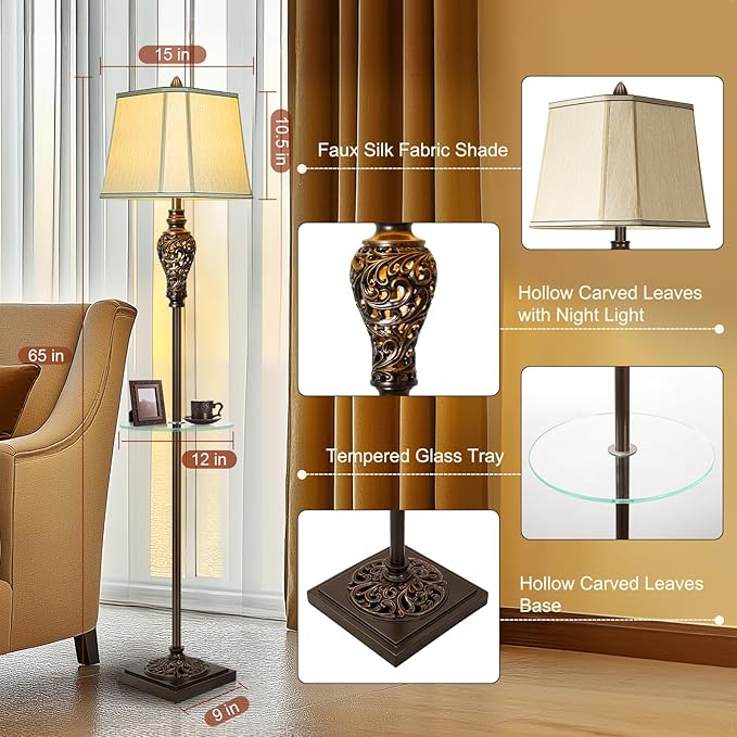 Rustic Floor Lamp for Living Room with Nightlight and Glass Tray, Vintage Standing Lamp with Beige Faux Silk Shade, Farmhouse Tall Lamp for Bedroom Study Home Office Hotel Bar - Brown (Bulb Included) - Bloomnest