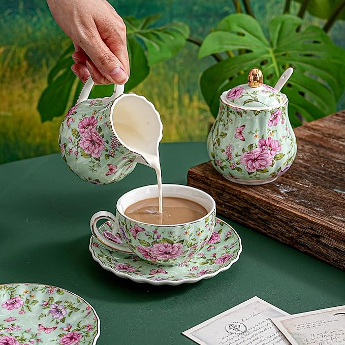 Tea Cup and Saucers, 6.4oz Floral Tea Cups with Gold Trim, Porcelain Teacup, Coffee Cappuccino Espresso Latte Mugs for Party Birthday,Party Cafe Home, Christmas Gift (Green) - Bloomnest