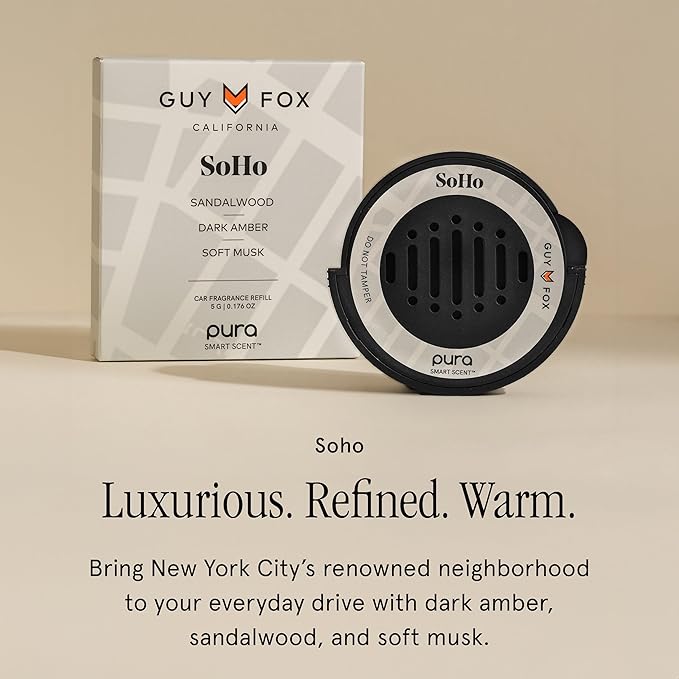 Pura & GUY FOX Car Scent Refill - Fragrance for Pura Car Diffuser - Clean & Safe Luxury Diffuser Scent - Long-Lasting Fragrance for 30 Days of Aroma - Must-Have - Soho - Bloomnest
