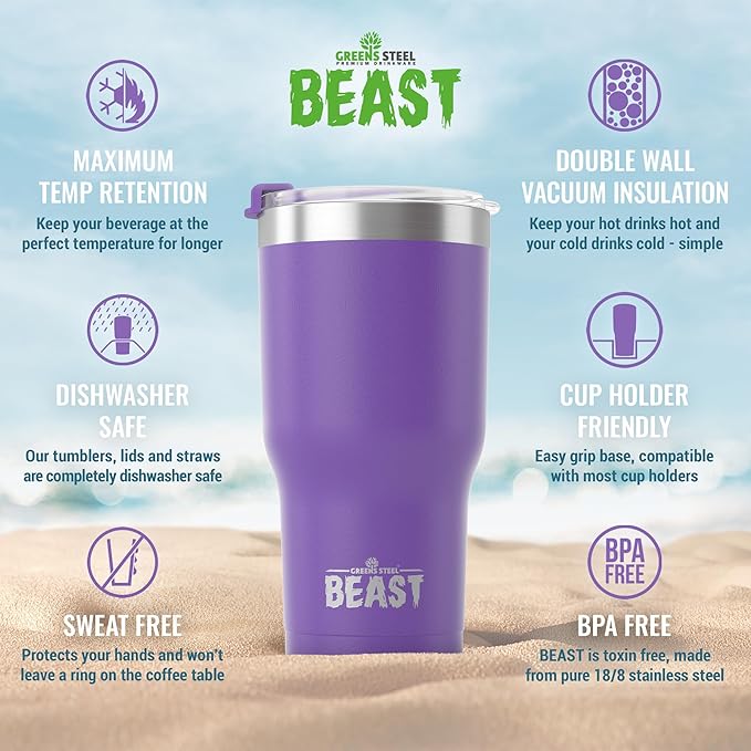 Beast 30 oz Tumbler Stainless Steel Vacuum Insulated Coffee Ice Cup Double Wall Travel Flask (Purple) - Bloomnest