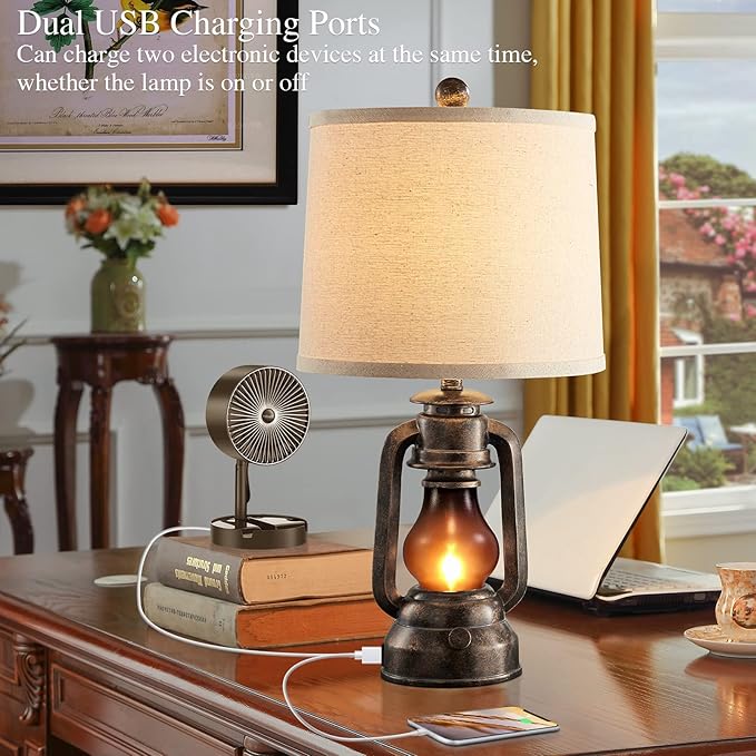 RORIANO Farmhouse Lantern Table Lamps for Living Room Set of 2, Vintage Bedroom Resin Lamp with Dual USB Charging Ports, Rustic Retro Bedside Nightstand Desk Lamp, 4 Bulb Included - Bloomnest